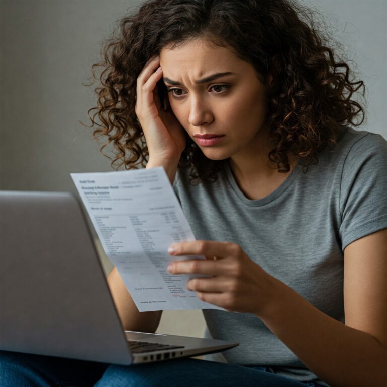 woman looking at bank statement after judgment needing debt lawyer